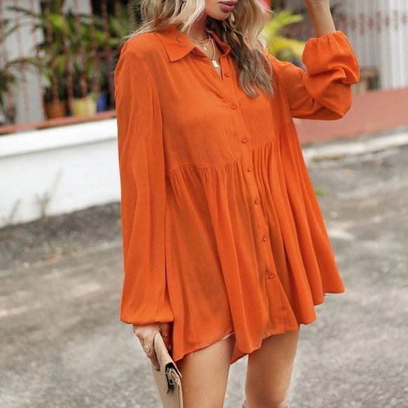 Contemporary Button Front Smock Shirt Orange - Picture 4 of 4